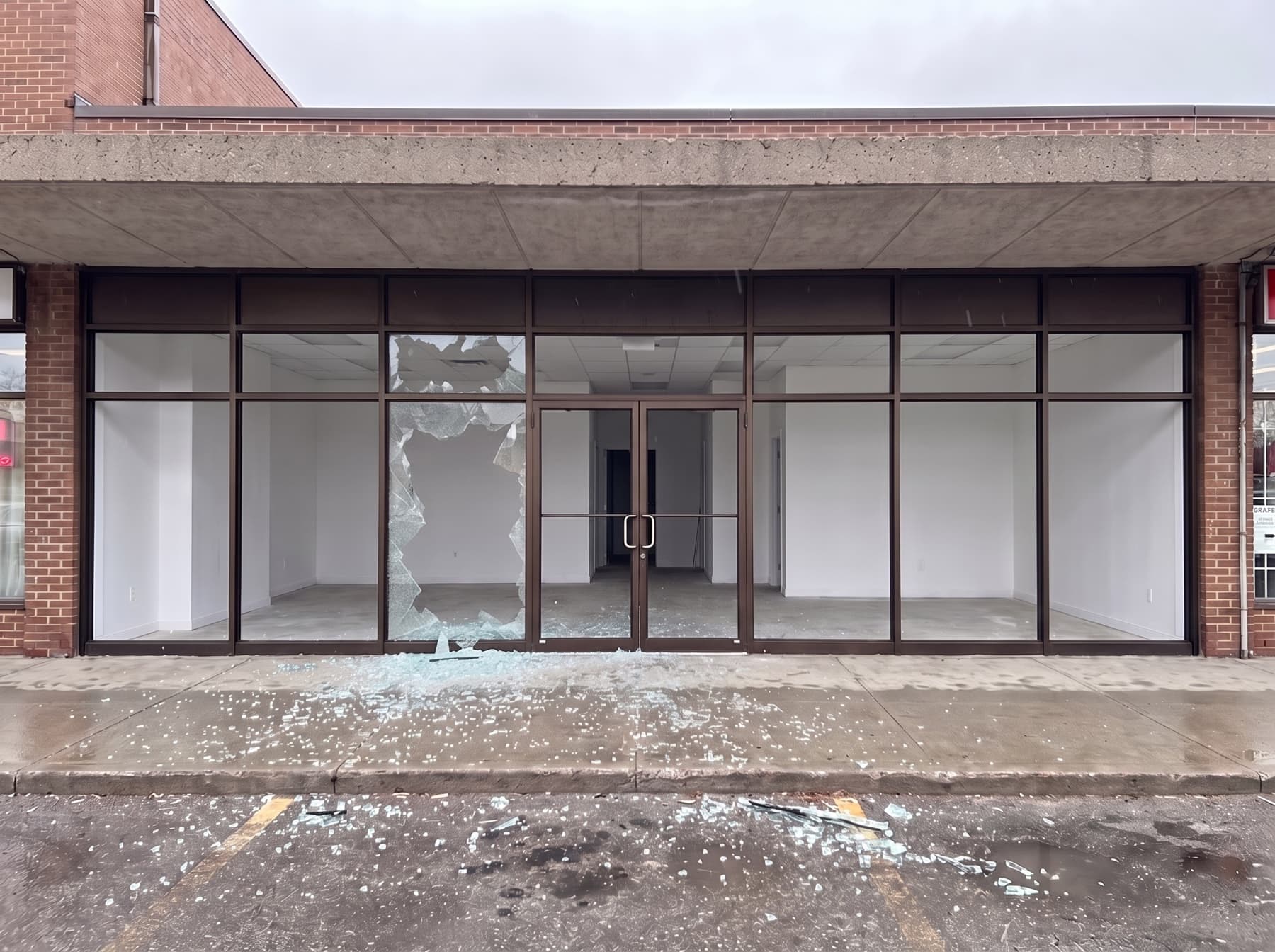 Shattered storefront glass on a Scarborough retail plaza before repair