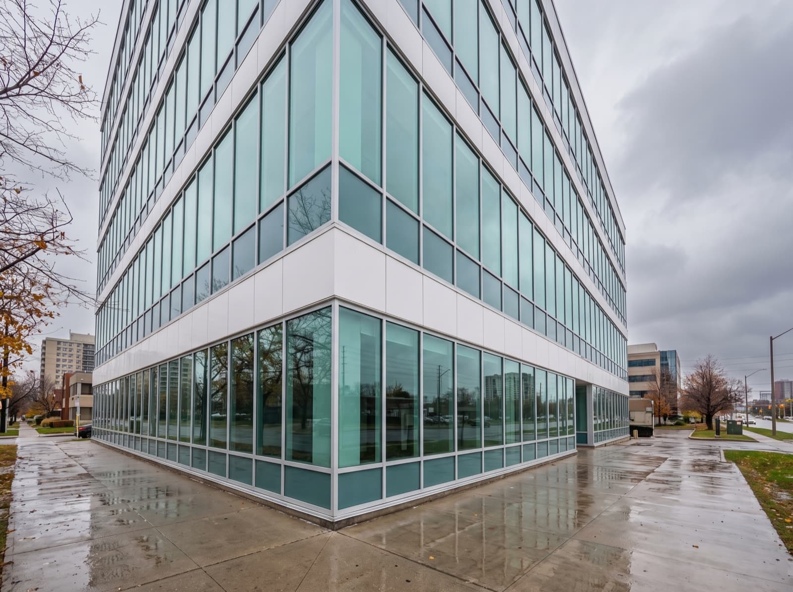North York mid-rise office building with commercial ribbon windows and insulated glass units