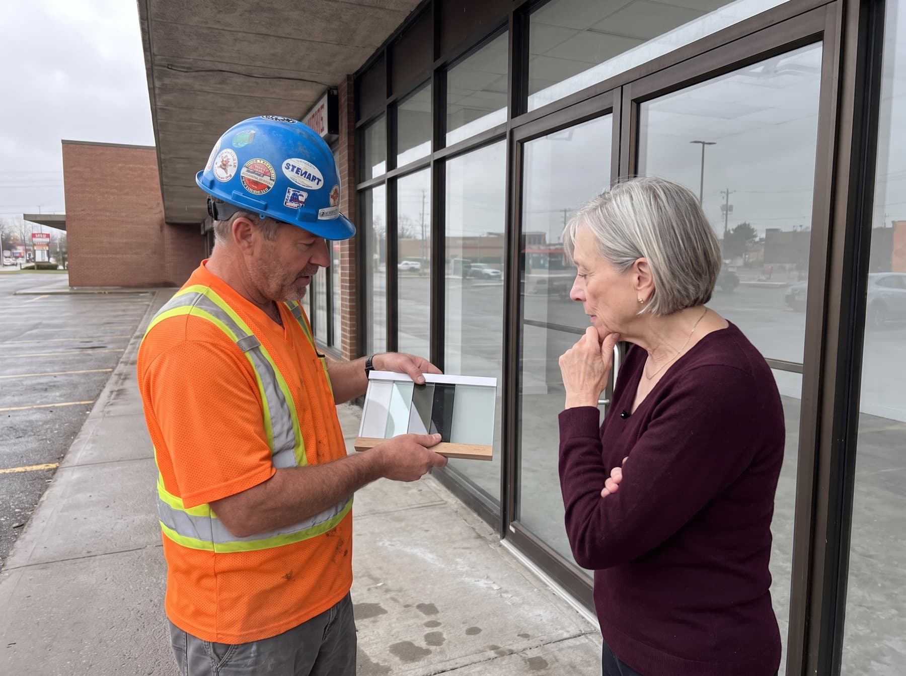 On-site quote consultation reviewing glass samples at a GTA storefront