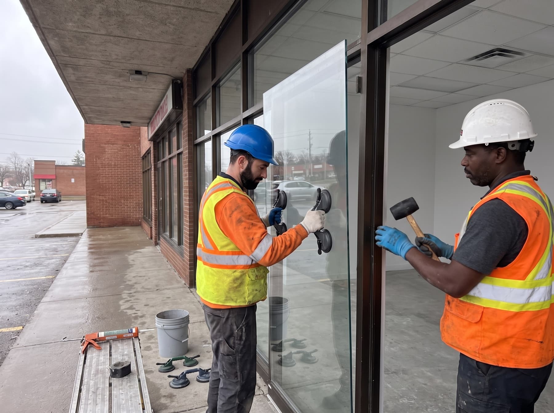 Glaziers installing tempered storefront glass on a Toronto retail plaza