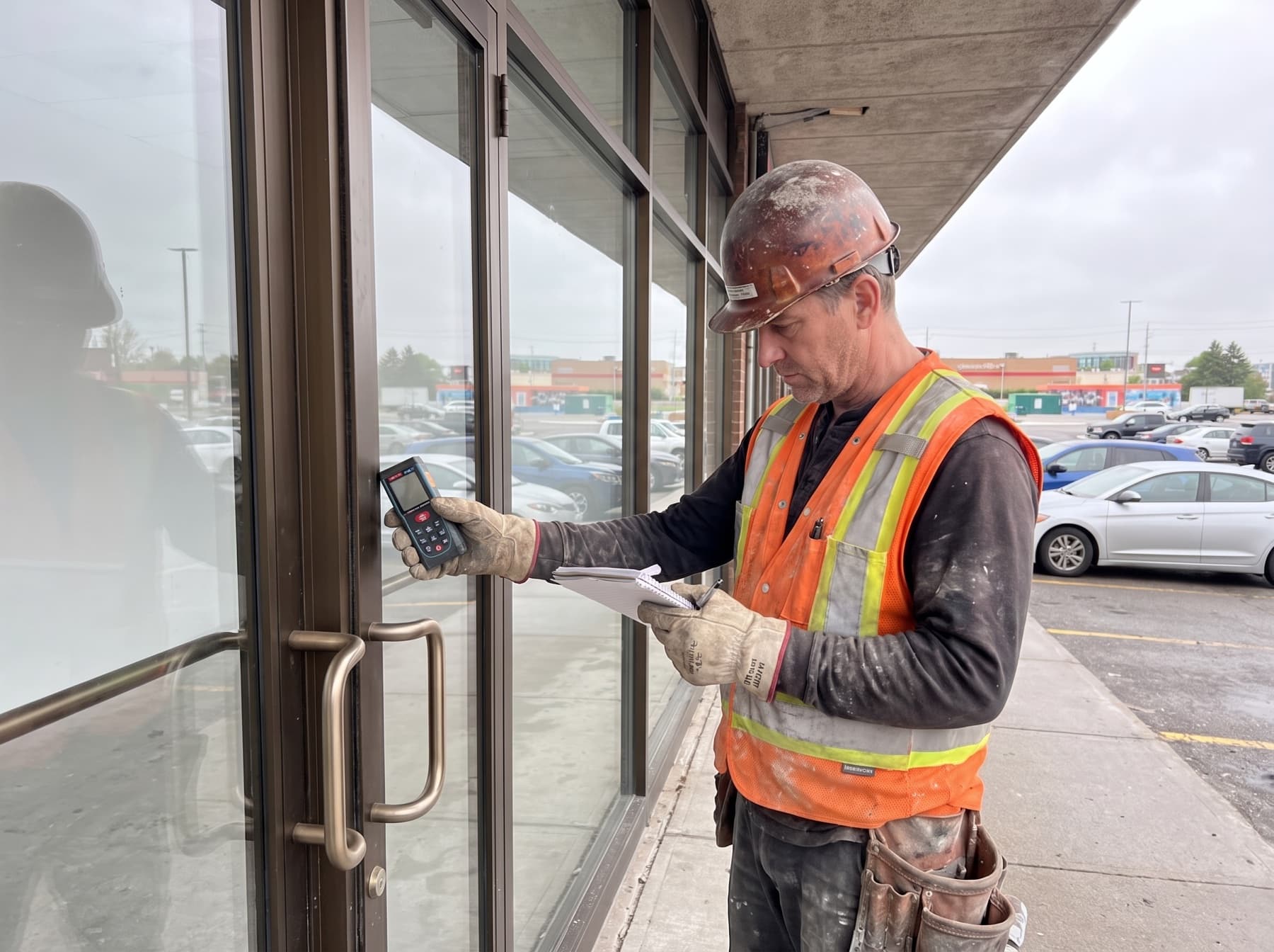 Glazier using a laser distance meter and notepad at a GTA commercial storefront