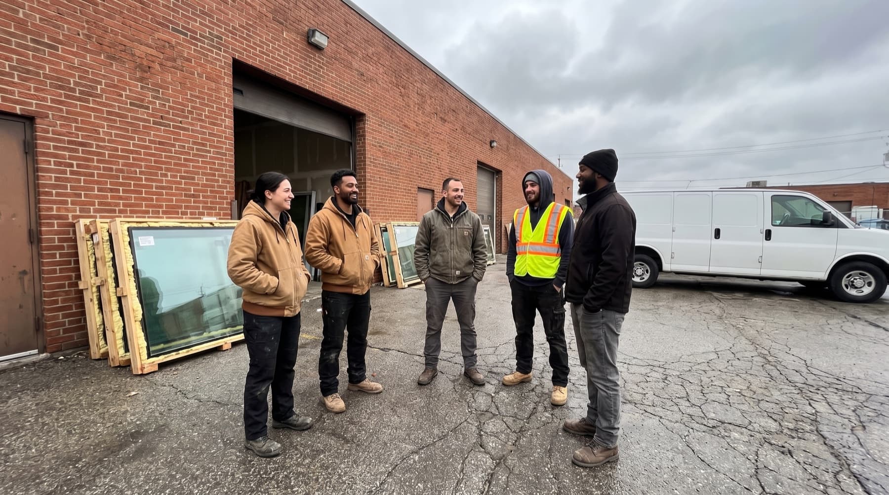 Commercial Windows & Doors crew outside our GTA shop with storefront glass ready for install
