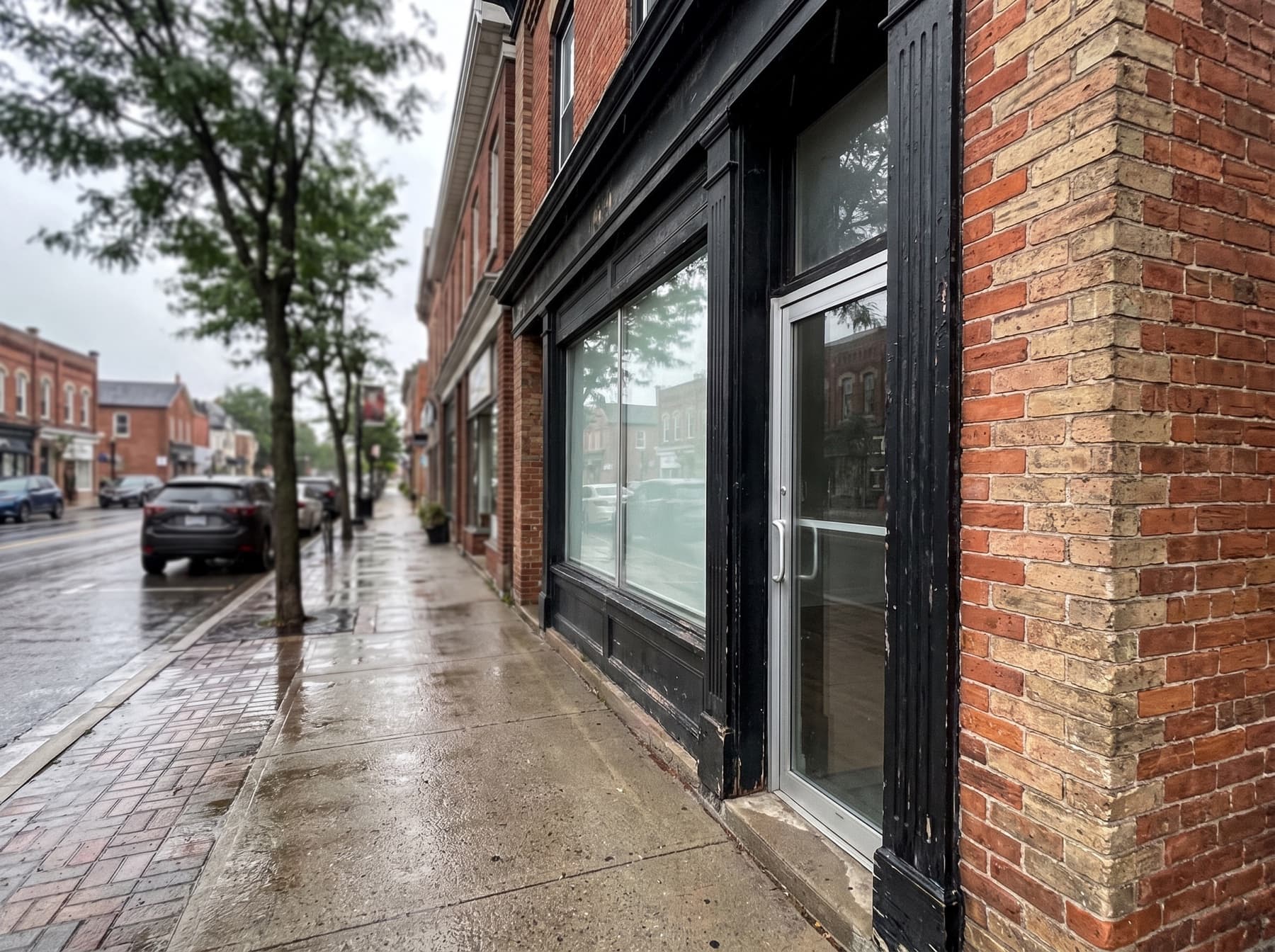 Oakville downtown heritage brick street-front retail entrance with glass door